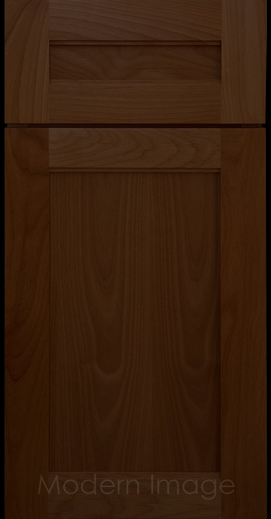 Destin shaker cabinet in Pecan Stain featuring ledge detail and vertical joints around a recessed center panel.